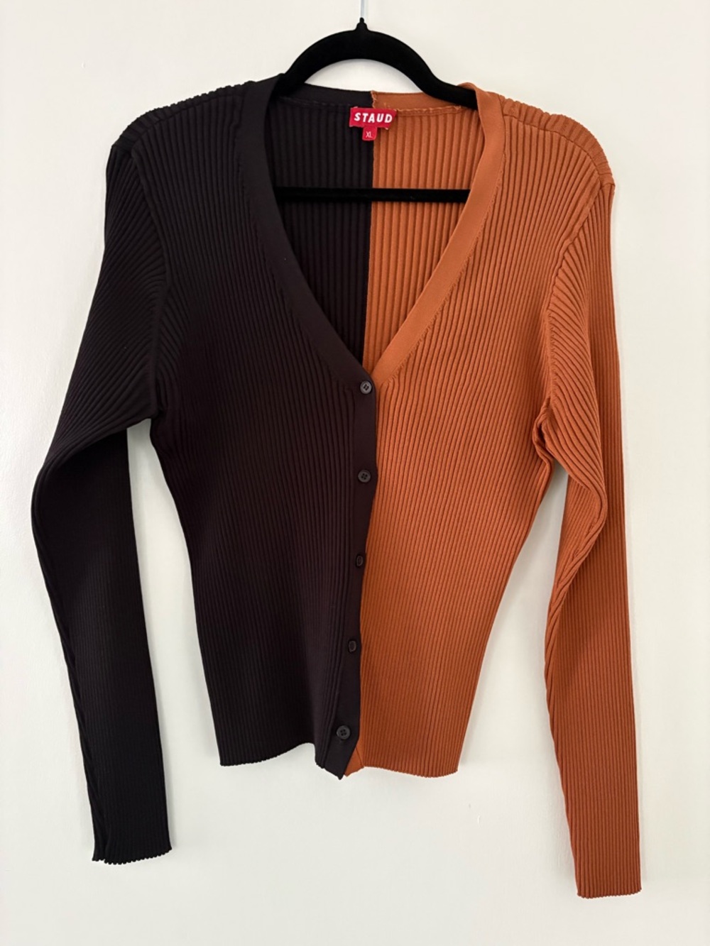 STAUD Black and Tan Ribbed Colorblock “Cargo” Sweater